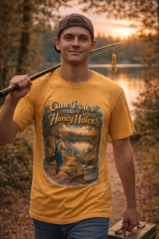 Cane Poles and Honey Holes Fishing T-Shirt — Vintage Outdoorsman Tee