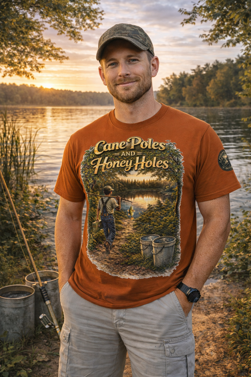 Cane Poles and Honey Holes Fishing T-Shirt — Vintage Outdoorsman Tee