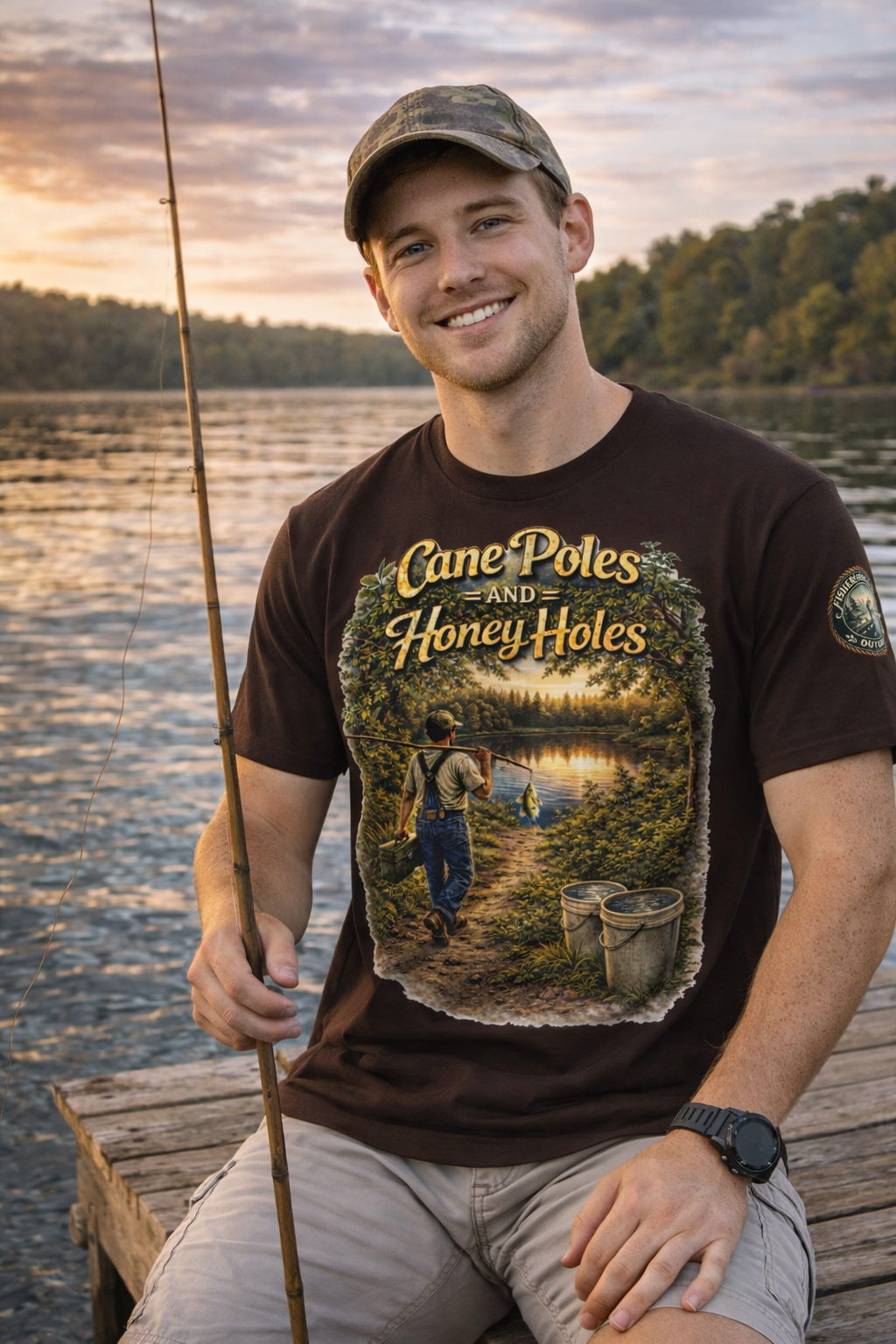 Cane Poles and Honey Holes Fishing T-Shirt — Vintage Outdoorsman Tee