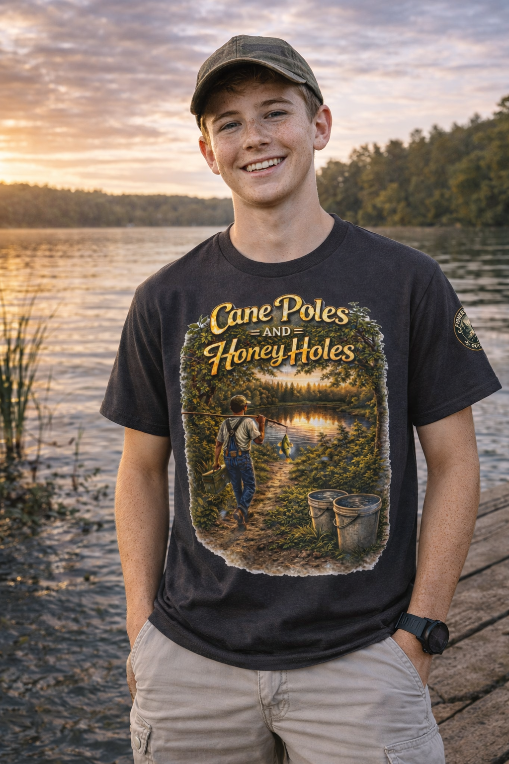 Cane Poles and Honey Holes Fishing T-Shirt — Vintage Outdoorsman Tee